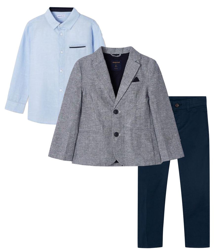 Mayoral 3165 Pale Blue Long Sleeve Shirt, 512 Navy Blue Trousers and 3452 Navy Stripe Blazer